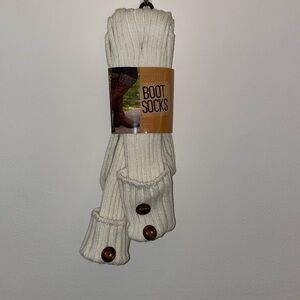 Nicole white knee-high, knit boot socks with decorative buttons